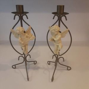 Vintage Musical Cherubs Metal Candle Sticks Pair